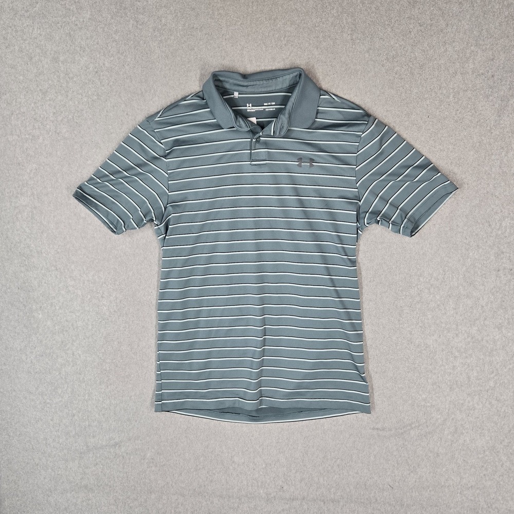 Under Armour Men Polo SMALL Blue Striped Heatgear Activewear Logo Loose Stretch